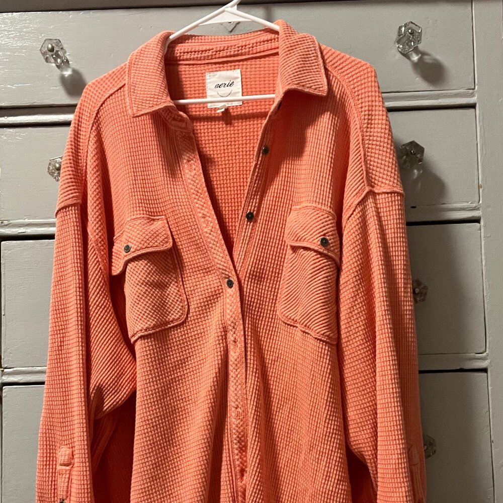 AERIE - Coral Waffle Knit Button-up Shirt
